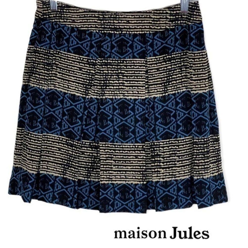 Madison Jules Black Blue Cream Batik Print‎ Pleated Skirt Size M
